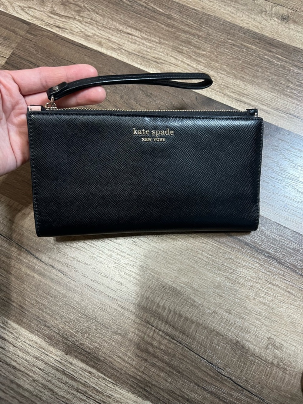 kate spade Black Leather Wristlet Wallet with pink accent